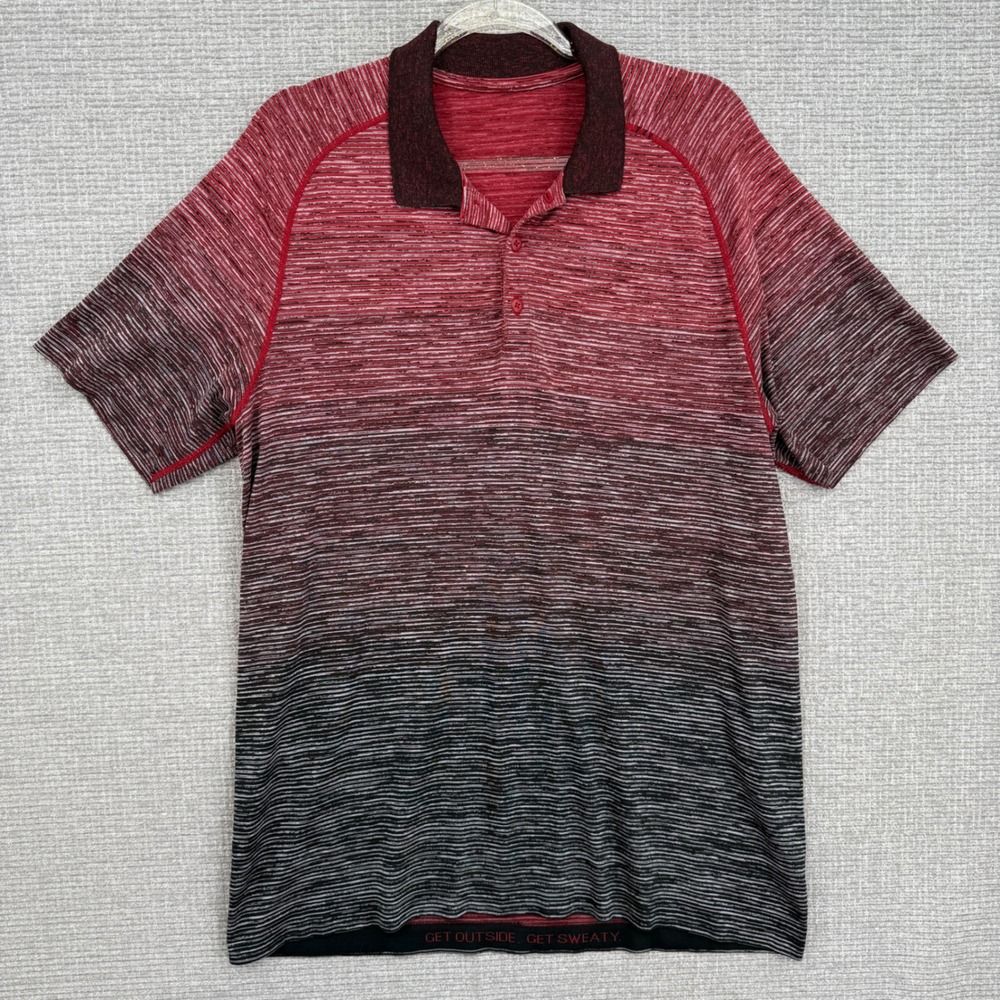 Lululemon Mens Polo Shirt Red Black Striped Athletic Casual Golf‎ Elevate Size L
